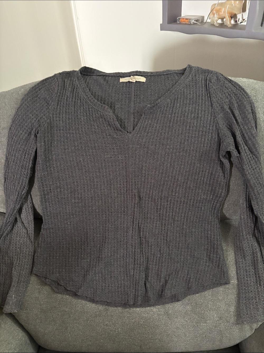 Aeropostale Charcoal Waffle-Knit Long Sleeve V-Neck Top